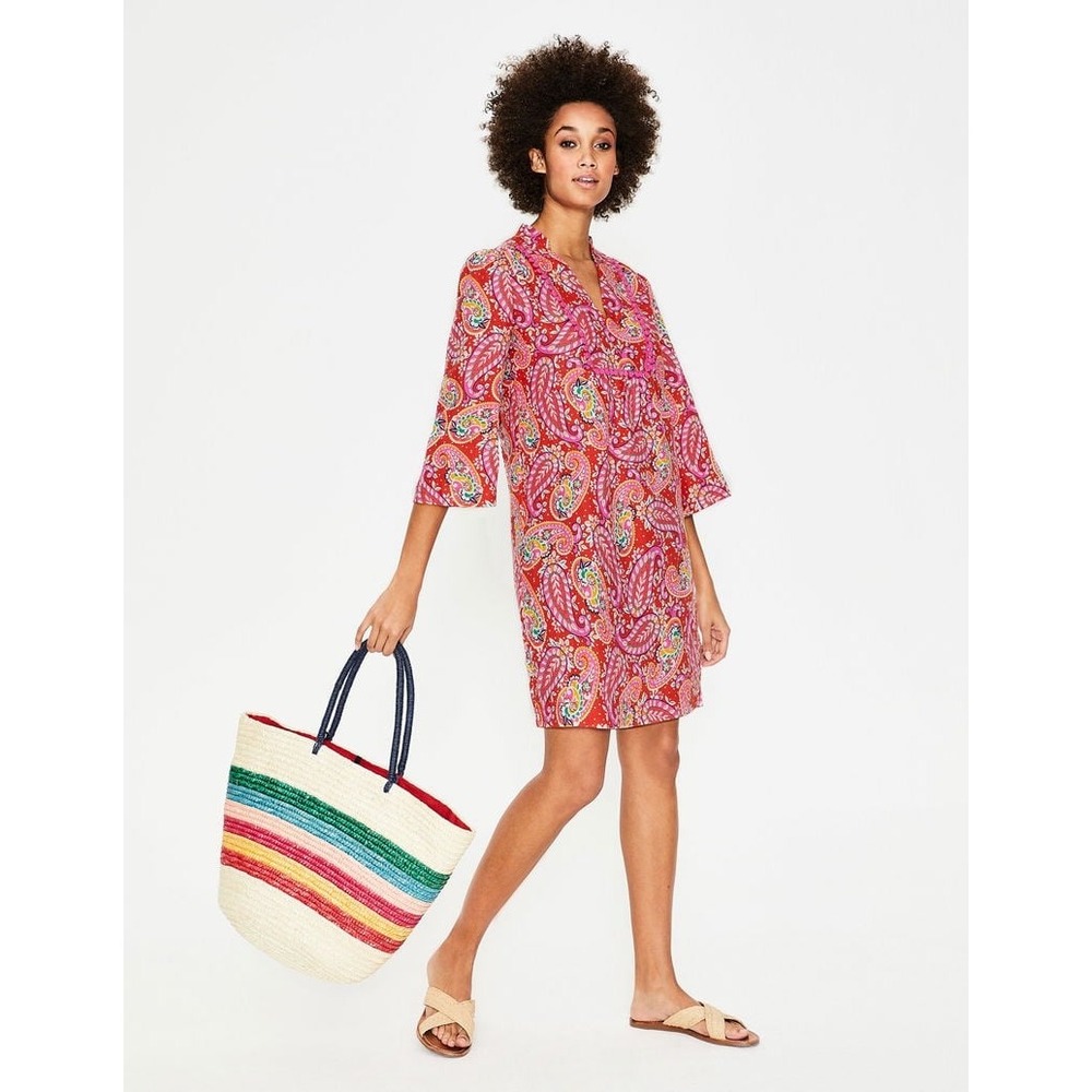 Boden Evangeline Red Paisley Linen Tunic Dress US 10R Boho Resort Beach Preppy
